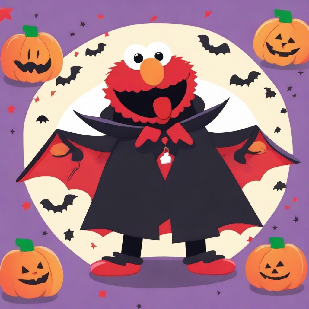 A colorful and playful illustration of Elmo dressed as a vampire