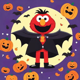 A colorful and playful illustration of Elmo dressed as a vampire