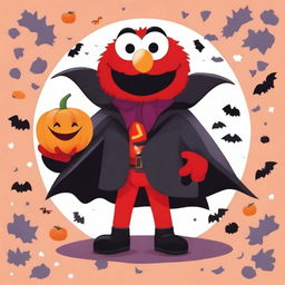 A colorful and playful illustration of Elmo dressed as a vampire