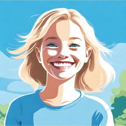 A detailed illustration of a young girl with blonde hair, smiling and looking cheerful