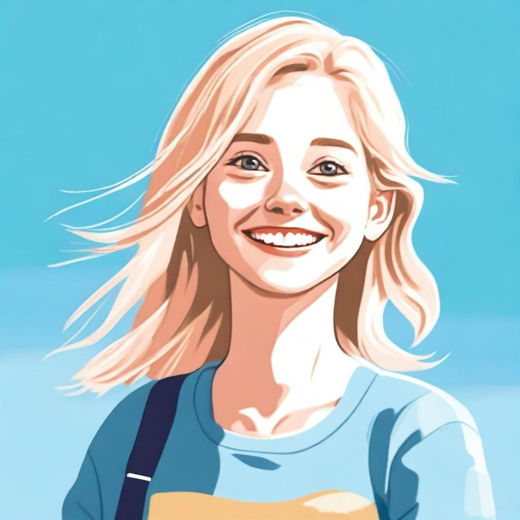 A detailed illustration of a young girl with blonde hair, smiling and looking cheerful