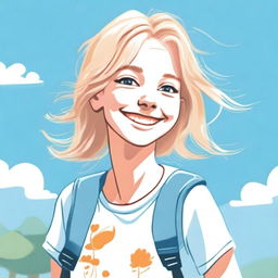 A detailed illustration of a young girl with blonde hair, smiling and looking cheerful