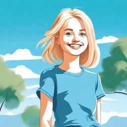 A detailed illustration of a young girl with blonde hair, smiling and looking cheerful