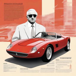 A detailed illustration of Enzo Ferrari, the founder of Ferrari, highlighting his journey in building the iconic car brand