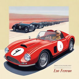 A detailed illustration capturing the life and legacy of Enzo Ferrari