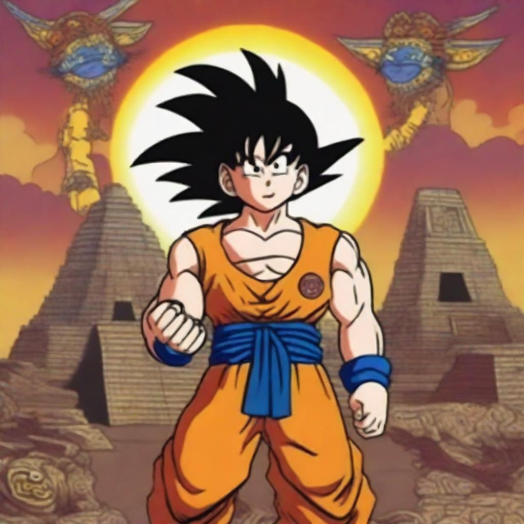 Depict Goku from Dragon Ball as a Mexican god