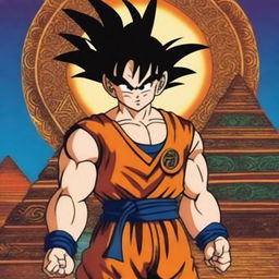 Depict Goku from Dragon Ball as a Mexican god