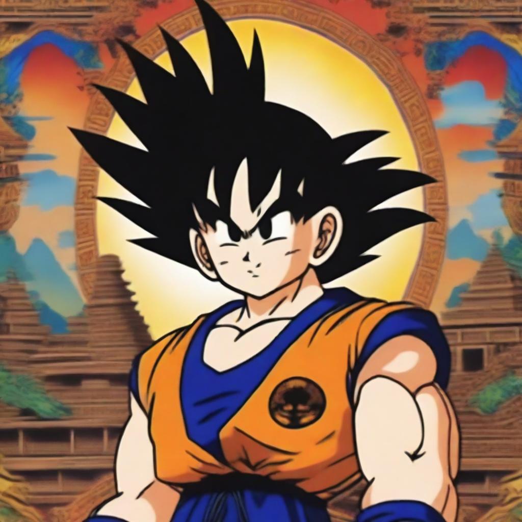 Depict Goku from Dragon Ball as a Mexican god