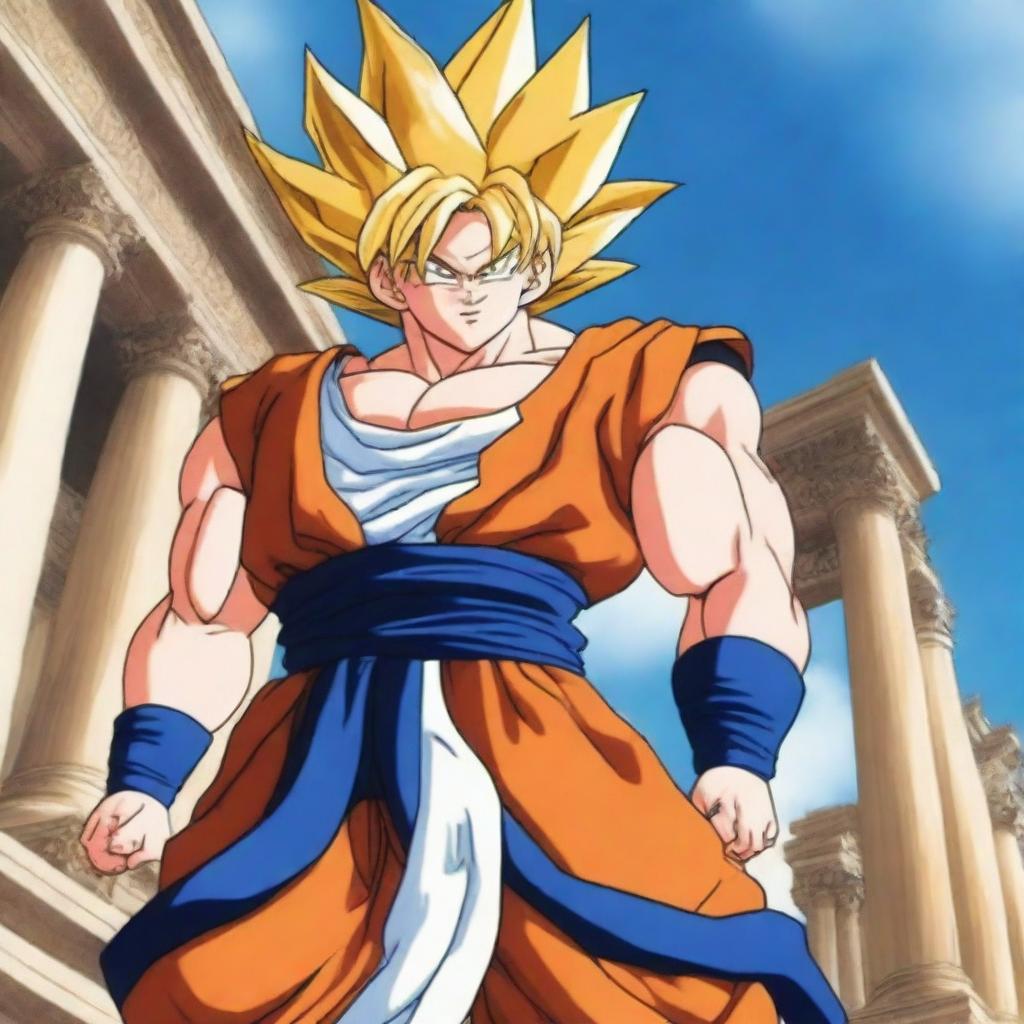 Goku in his Super Saiyan form depicted as a Greek god, standing majestically with ancient Greek architecture in the background, wearing traditional Greek god attire, with a powerful aura radiating around him