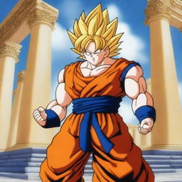 Goku in his Super Saiyan form depicted as a Greek god, standing majestically with ancient Greek architecture in the background, wearing traditional Greek god attire, with a powerful aura radiating around him