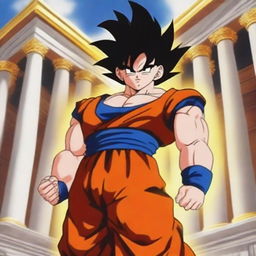 Goku in his Super Saiyan form depicted as a Greek god, standing majestically with ancient Greek architecture in the background, wearing traditional Greek god attire, with a powerful aura radiating around him