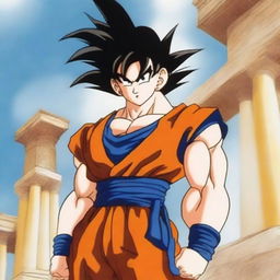 Goku in his Super Saiyan form depicted as a Greek god, standing majestically with ancient Greek architecture in the background, wearing traditional Greek god attire, with a powerful aura radiating around him