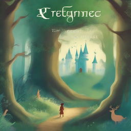 A captivating book cover featuring an enchanting forest with mystical creatures and a hidden path leading to a magical castle