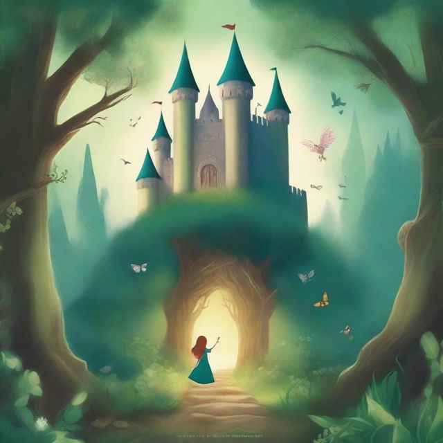 A captivating book cover featuring an enchanting forest with mystical creatures and a hidden path leading to a magical castle