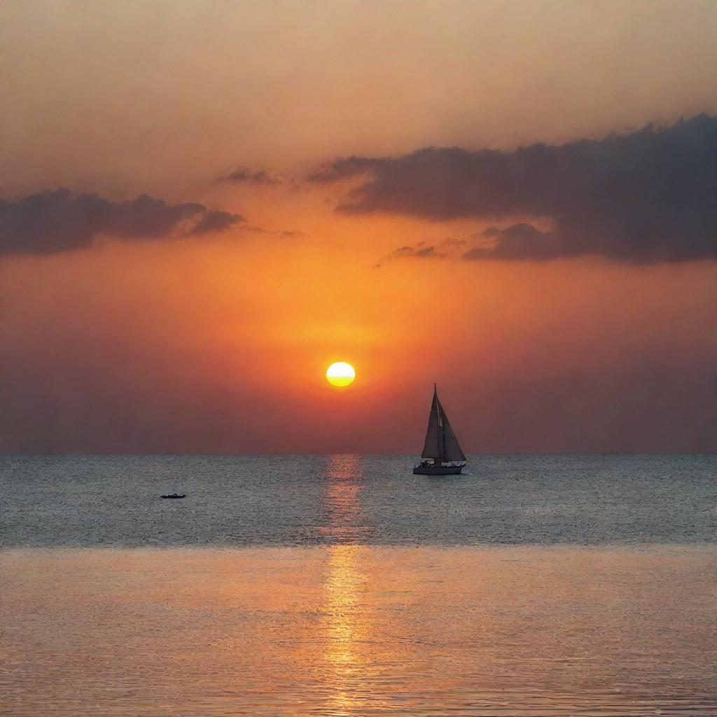 A vibrant sunset over a serene, tranquil sea with the silhouette of a sailboat in the horizon capturing the essence of pure beauty and peace