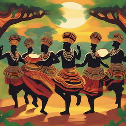 A vibrant and energetic African tribal dance scene, featuring dancers in traditional attire with colorful patterns and intricate beadwork