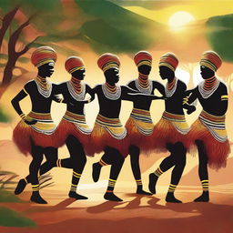 A vibrant and energetic African tribal dance scene, featuring dancers in traditional attire with colorful patterns and intricate beadwork