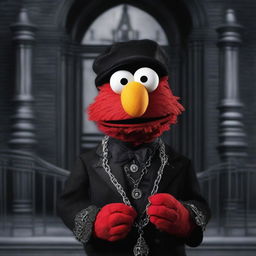 Create an image of Elmo from Sesame Street dressed in gothic attire