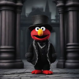 Create an image of Elmo from Sesame Street dressed in gothic attire