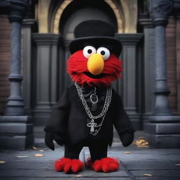 Create an image of Elmo from Sesame Street dressed in gothic attire