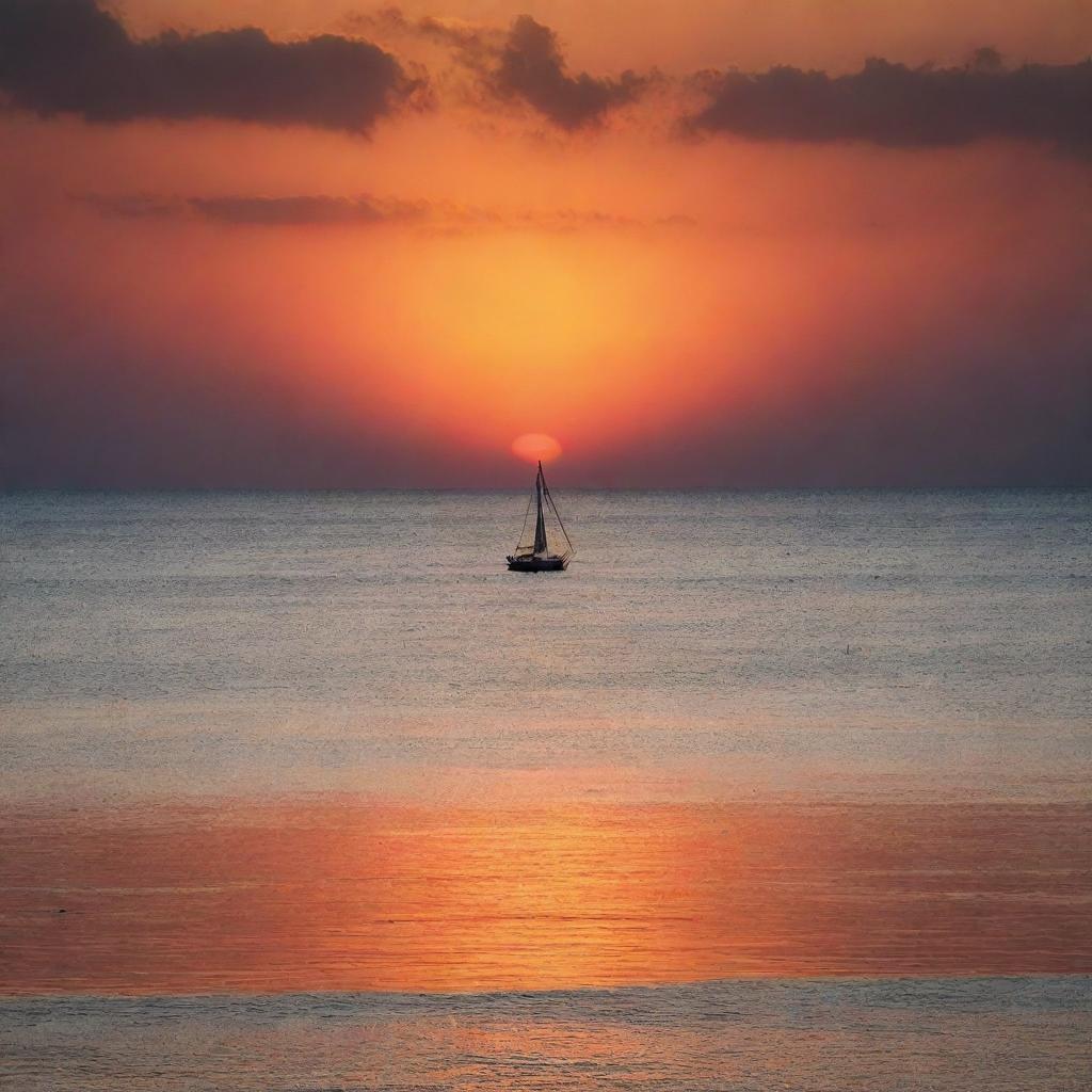 A vibrant sunset over a serene, tranquil sea with the silhouette of a sailboat in the horizon capturing the essence of pure beauty and peace