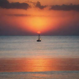 A vibrant sunset over a serene, tranquil sea with the silhouette of a sailboat in the horizon capturing the essence of pure beauty and peace