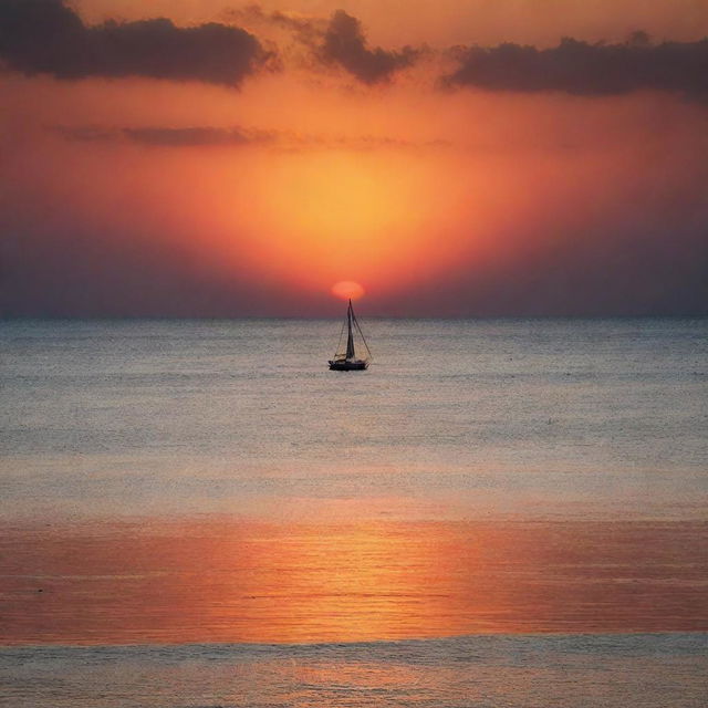 A vibrant sunset over a serene, tranquil sea with the silhouette of a sailboat in the horizon capturing the essence of pure beauty and peace