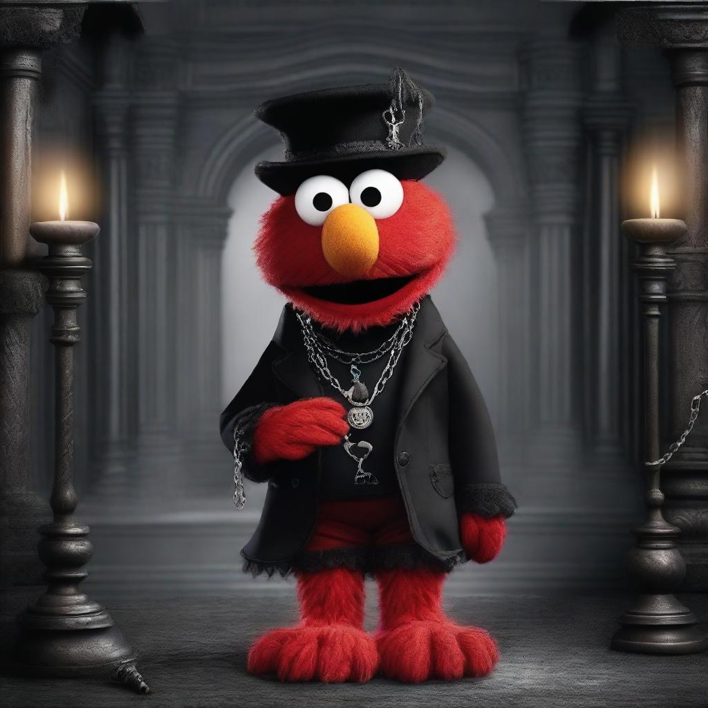 Create an image of Elmo from Sesame Street dressed in gothic attire