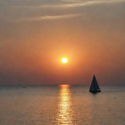 A vibrant sunset over a serene, tranquil sea with the silhouette of a sailboat in the horizon capturing the essence of pure beauty and peace