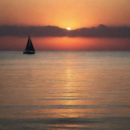 A vibrant sunset over a serene, tranquil sea with the silhouette of a sailboat in the horizon capturing the essence of pure beauty and peace