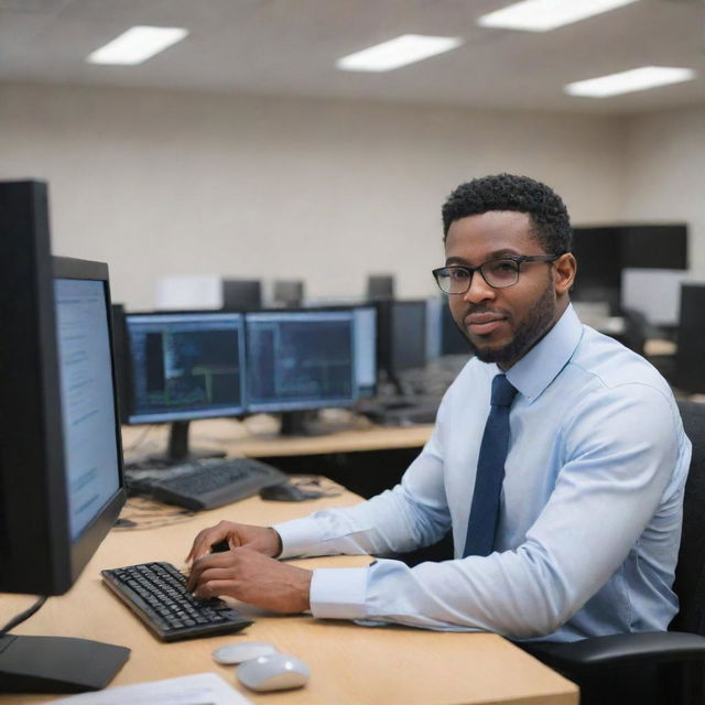 An IT professional in a modern office setting, working on a computer, surrounded by high-tech gear and equipment.