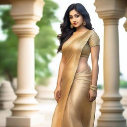 A South Indian glamour model with an hourglass figure, wearing a trendy sheer saree and skirt