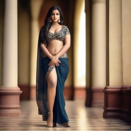 A South Indian glamour model with an hourglass figure, wearing a trendy sheer saree and skirt