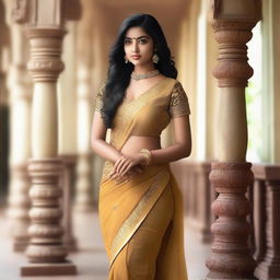 A South Indian glamour model with an hourglass figure, wearing a trendy sheer saree and skirt