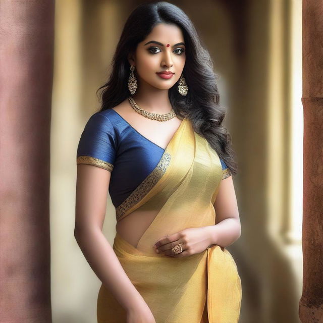 A South Indian glamour model with an hourglass figure, wearing a trendy sheer saree and skirt