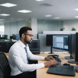 An IT professional in a modern office setting, working on a computer, surrounded by high-tech gear and equipment.