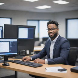 An IT professional in a modern office setting, working on a computer, surrounded by high-tech gear and equipment.