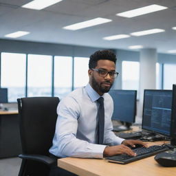 An IT professional in a modern office setting, working on a computer, surrounded by high-tech gear and equipment.