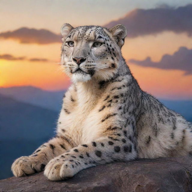 A majestic snow leopard lounging on a craggy mountain peak against a breathtaking sunset.