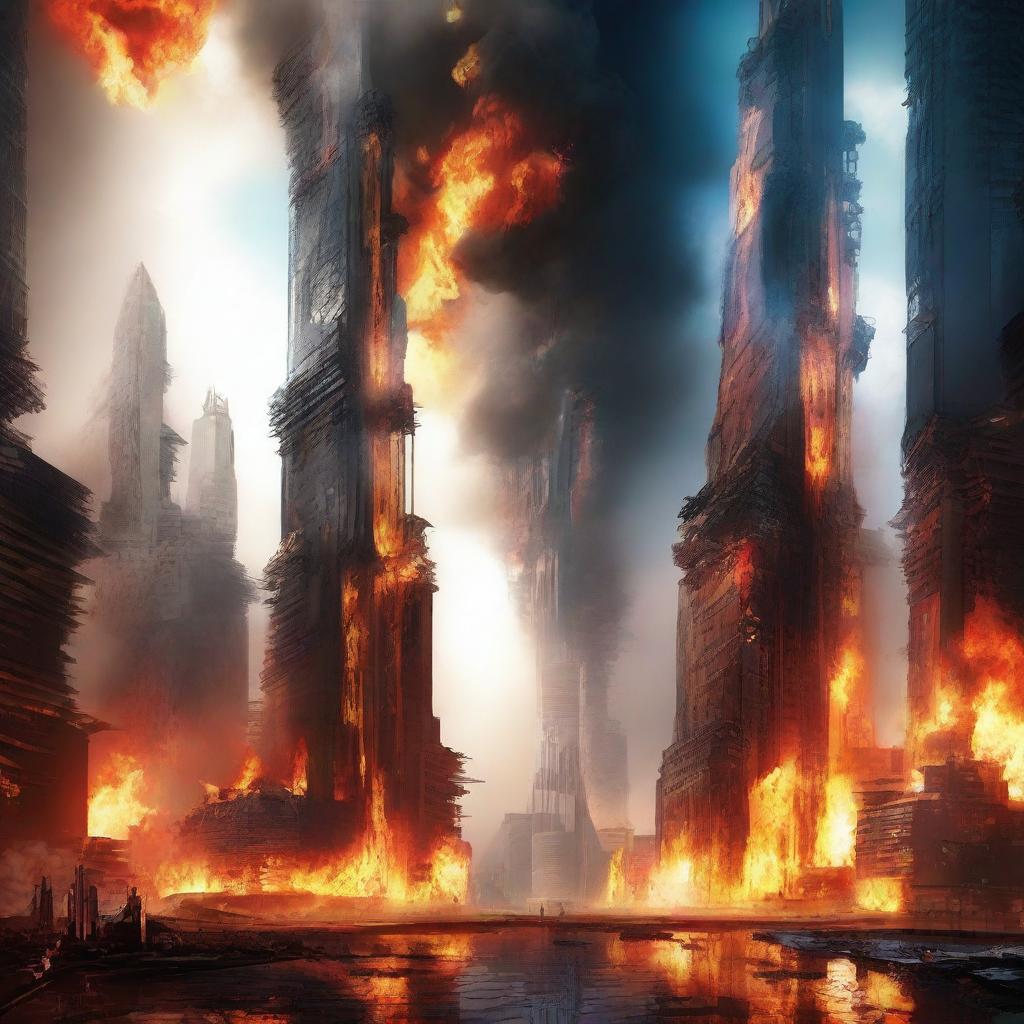 A futuristic kingdom engulfed in flames