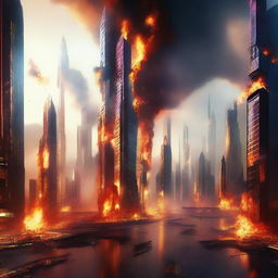 A futuristic kingdom engulfed in flames