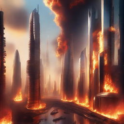 A futuristic kingdom engulfed in flames