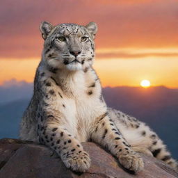 A majestic snow leopard lounging on a craggy mountain peak against a breathtaking sunset.