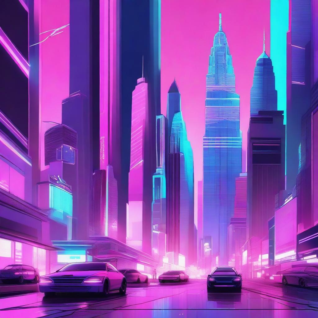 A digital illustration of a futuristic city with towering skyscrapers, flying cars, and neon lights