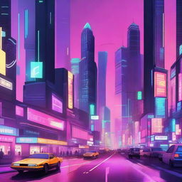 A digital illustration of a futuristic city with towering skyscrapers, flying cars, and neon lights