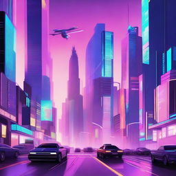 A digital illustration of a futuristic city with towering skyscrapers, flying cars, and neon lights