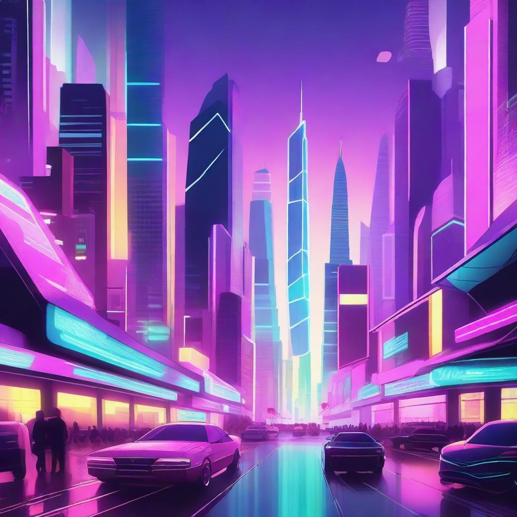 A digital illustration of a futuristic city with towering skyscrapers, flying cars, and neon lights