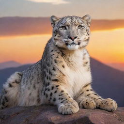 A majestic snow leopard lounging on a craggy mountain peak against a breathtaking sunset.