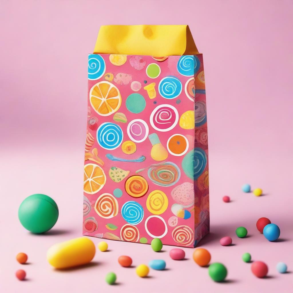 A colorful and fun goodie bag filled with various treats like candies, small toys, and stickers