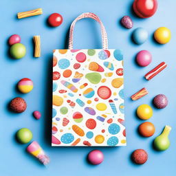 A colorful and fun goodie bag filled with various treats like candies, small toys, and stickers